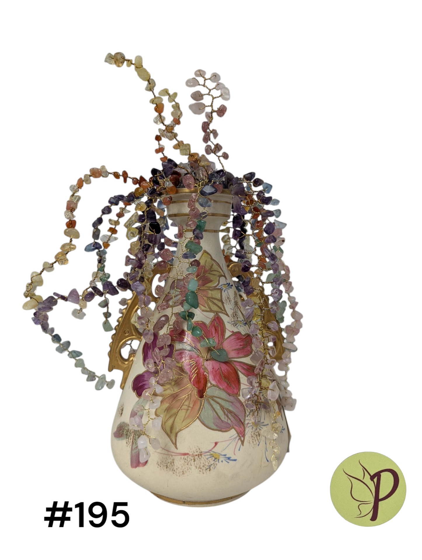 #195 - Cream Flower Vase with Fluorite, Carnelian, Citrine, Amethyst, Green Aventurine, Clear Quartz, Rose Quartz and Strawberry Quartz