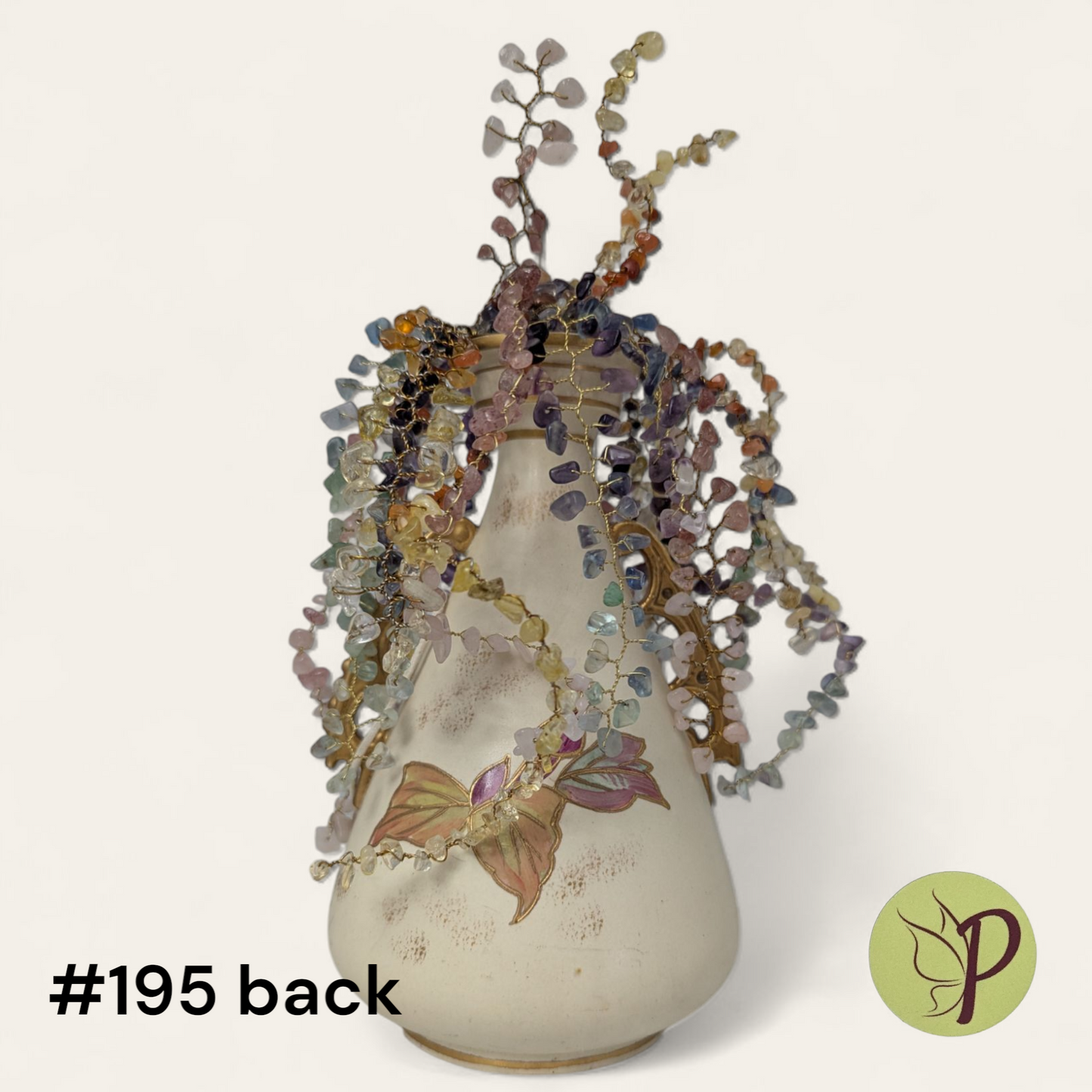 #195 - Cream Flower Vase with Fluorite, Carnelian, Citrine, Amethyst, Green Aventurine, Clear Quartz, Rose Quartz and Strawberry Quartz