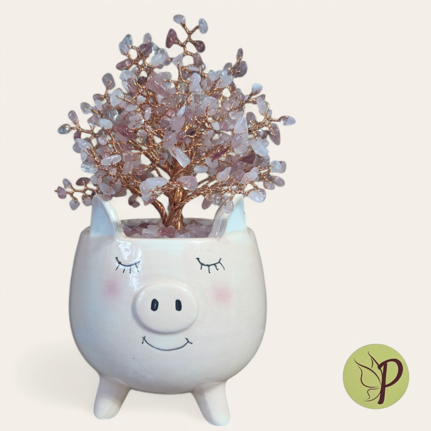 #181 - Round Piggy with Rose Quartz and Strawberry Quartz