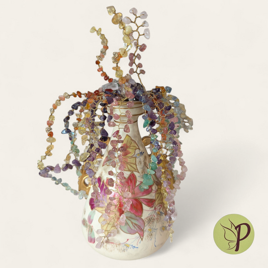 #195 - Cream Flower Vase with Fluorite, Carnelian, Citrine, Amethyst, Green Aventurine, Clear Quartz, Rose Quartz and Strawberry Quartz