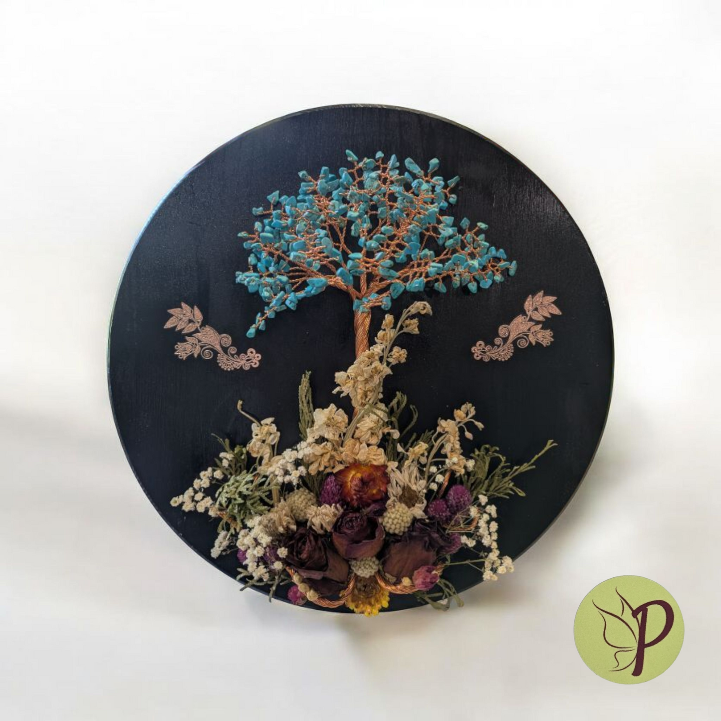 #194 - Turquoise (Dyed Howlite) Plaque with Dried Flowers, 15 inch